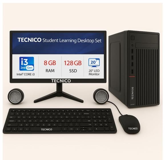 TECNICO Student Learning Desktop Set, 20 HD All-in-One Computer, Core i3 2nd Gen, 8 GB DDR3 RAM, 128 GB SSD, 20 LED Monitor, Keyboard & Mouse,Speaker, WiFi, 2 Years Warranty