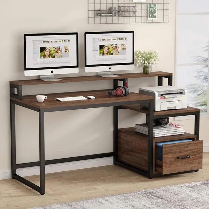 Klaxon Engineered Wood Iron Study Table with Drawer, Multi-Usage Laptop Desk & Home Office (Printo-FD, DIY Installation)