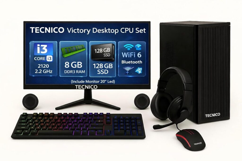 TECNICO Victory Desktop CPU Set, Core I3 2120 2.2GHz, 8 GB DDR3 RAM, 128 GB SSD, RGB Keyboard Mouse Set, WiFi 6, Bluetooth, Speakers, Headphone (Include Monitor 20 Led)