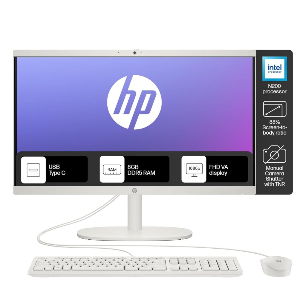 HP All-in-One, Intel N200,21.45 (54.5 cm), FHD, 8GB DDR5, 512GB SSD, Intel UHD Graphics, 720P HD Camera W/Privacy Shutter, Dual Speakers (Win11, White, 4.17 Kg) Dg0154in