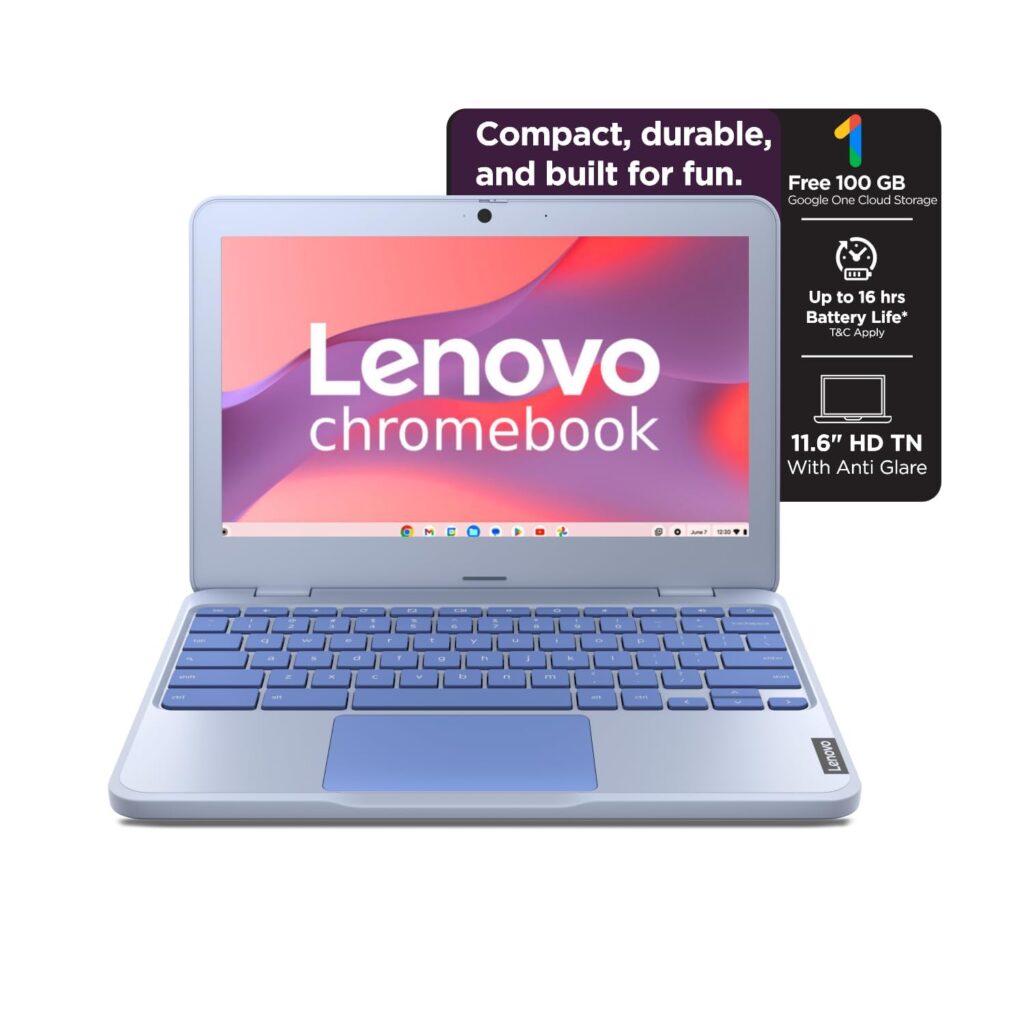 Lenovo {SmartChoice Chromebook, Intel Celeron N4500, 4GB RAM, 64GB eMMC, HD, 11.6/29.46cm, Chrome OS, Blue, 1.21Kg, 2Wx2 Stereo Speakers, HD Camera, 82UY0014HA, Laptop