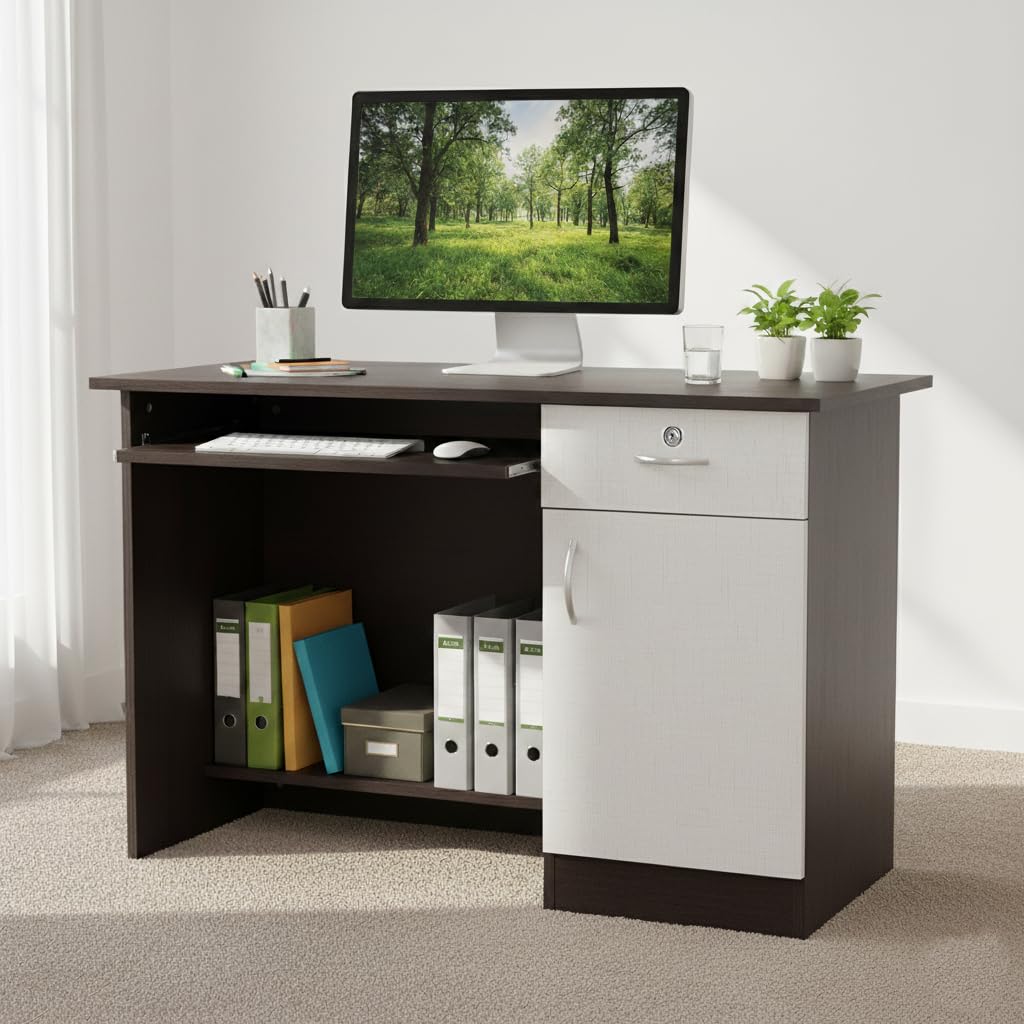 Nityam Wooden Computer Table with Keyboard Tray Drawer Home PC Storage Cabinet for Multipurpose Office Table, Study Table, Gaming Table for Home Office (Color-White & Brown)