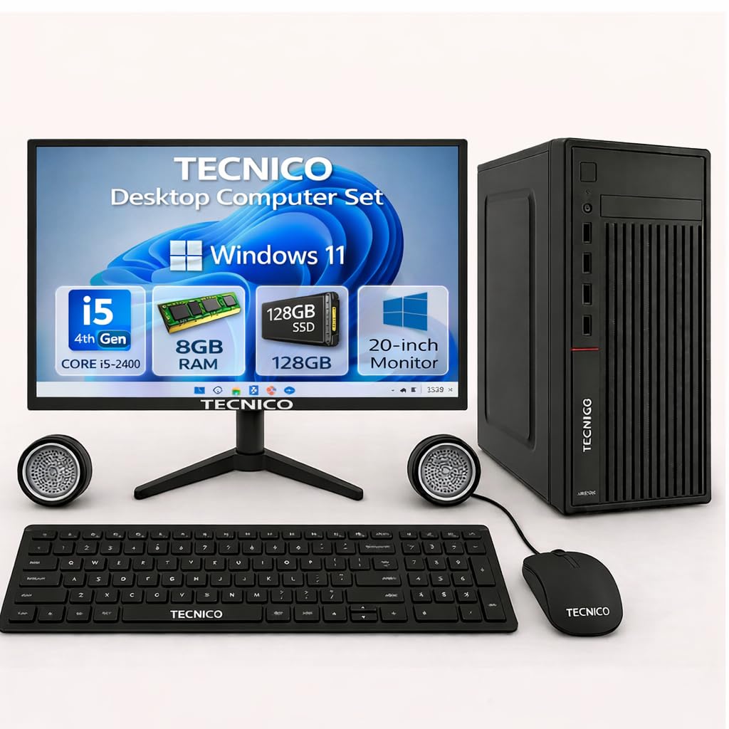 TECNICO Desktop Computer Set, Windows 11 Intel Core I5-2400, 8GB RAM, 128GB SSD, 20-Inch Monitor, Keyboard, Mouse, Speakers TECNICO Desktop Computer Set, Windows 11 Intel Core I5-2400, 8GB RAM, 128GB SSD, 20-Inch Monitor, Keyboard, Mouse, Speakers
