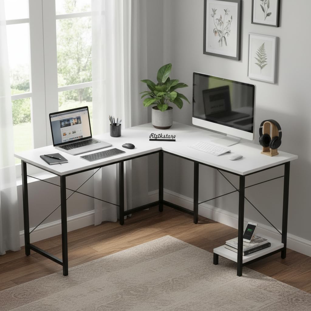 RIZIK STORE L-Shaped Computer Desk | 50-Inch Corner Gaming & Study Table with Engineered Wood Top, Metal Frame & CPU Shelf | Writing Workstation for Bedroom, Office & Small Rooms (White)