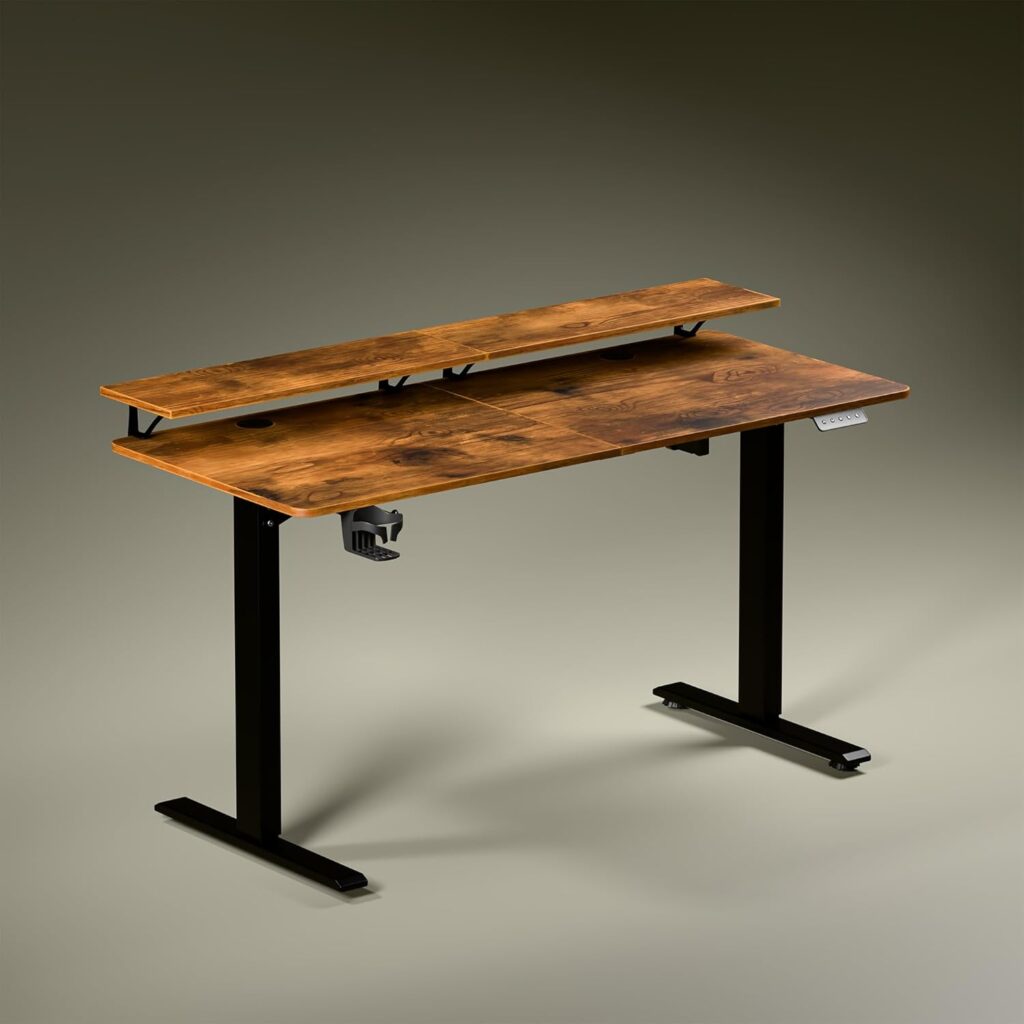 Green Soul Elevate Height Adjustable Engineered Wood Table with Monitor Riser | Integrated Organisation | Advance Memory Preset | 3 Year Warranty | Installation Provided (AntiqueWood, 1400 x 600 Top)