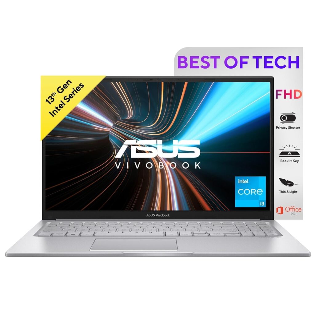 ASUS Vivobook 15, 13th Gen, Intel Core i3-1315U, 8GB RAM,512GB SSD,15.6 (39.62 cms), FHD, Windows 11,MS Office,Backlit Keyboard,Silver,1.7 kg, X1504VA-NJ320WS, Thin & Light Laptop