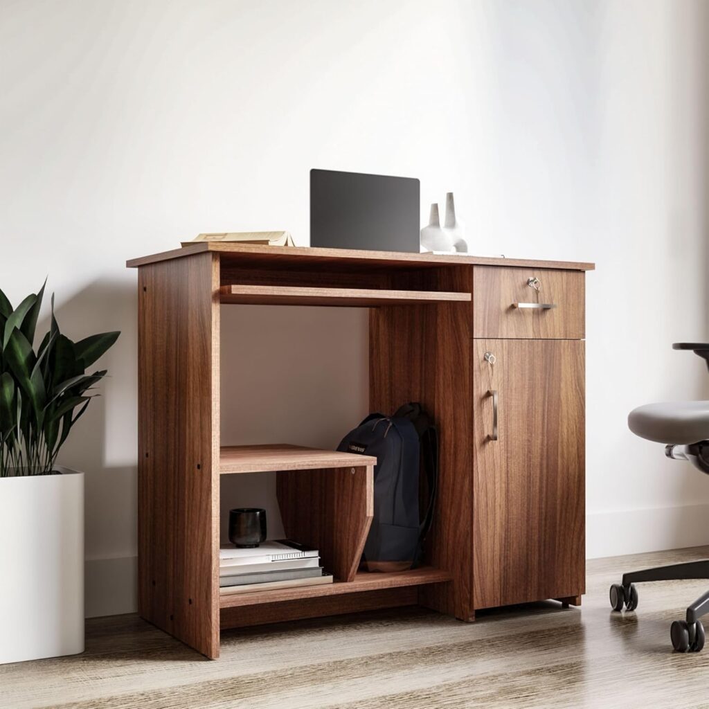 Amazon Brand – Solimo Buker Engineered Wood Computer Desk with Storage Cabinet and Drawer | Leon Teak Finish | Modern Style | 90 X 45 X 74.5 Centimeters | Home Office, Study, Computer Work