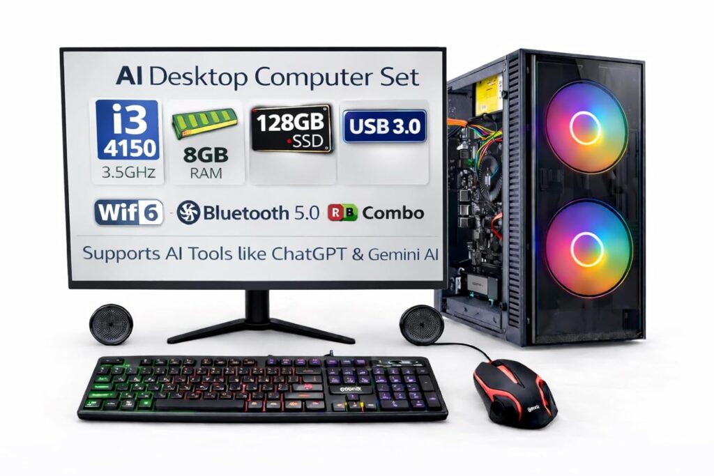 TECNICO Desktop Computer Set with 20 LED Monitor – Core i3-4130 3.4GHz, 8GB DDR3 RAM, 128GB SSD, WiFi 6, Bluetooth 5.0, RGB Combo, Supports AI Tools Like ChatGPT & Gemini AI