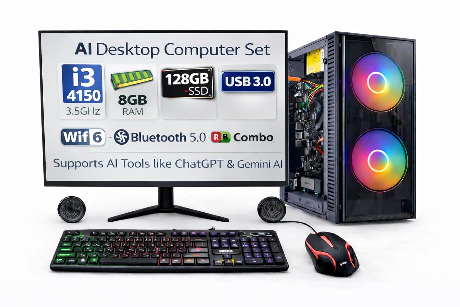 TECNICO Desktop Computer Set with 20 LED Monitor – Core i3-4130 3.4GHz, 8GB DDR3 RAM, 128GB SSD, WiFi 6, Bluetooth 5.0, RGB Combo, Supports AI Tools Like ChatGPT & Gemini AI