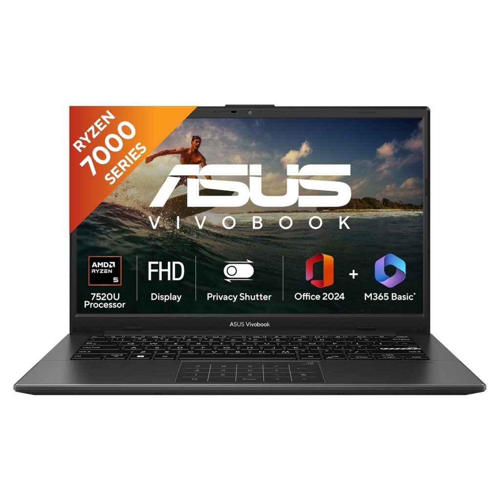 ASUS Vivobook Go 14, AMD Ryzen 5 7520U, 16GB RAM, 512GB SSD, FHD, 14, 60Hz,42WHrs, Windows 11, M365 Basic (1Year)*,Office Home 2024, Mixed Black, 1.38 kg, E1404FA-EB774WS, Thin & Light Laptop