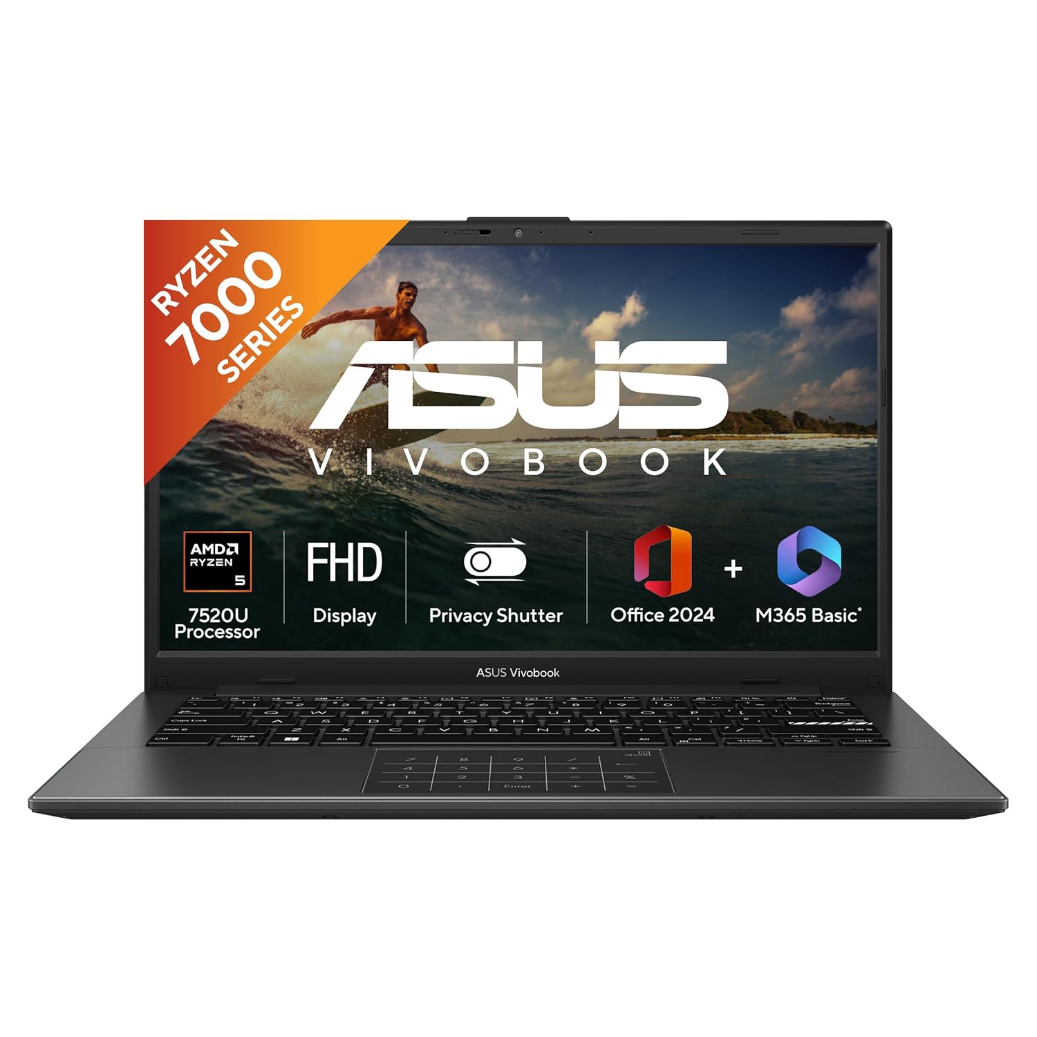 ASUS Vivobook Go 14, AMD Ryzen 5 7520U, 16GB RAM, 512GB SSD, FHD, 14, 60Hz,42WHrs, Windows 11, M365 Basic (1Year)*,Office Home 2024, Mixed Black, 1.38 kg, E1404FA-EB774WS, Thin & Light Laptop