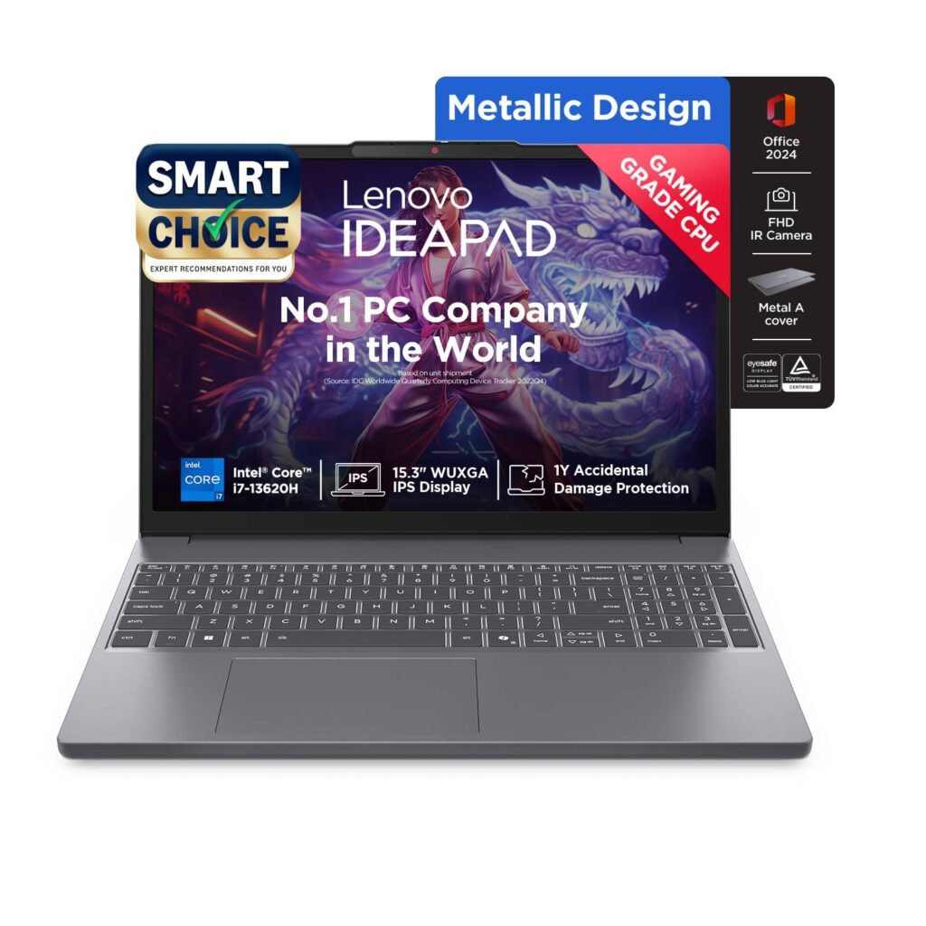 Lenovo Smartchoice Ideapad Slim 3, 13th Gen Intel Core i7 13620H, 16GB RAM, 512GB SSD, WUXGA IPS, 15.3/38.8cm, Win 11, Office 2024, Top Metal Cover Grey, 1.6Kg, 83K100CJIN/S1IN, Backlit KB, Laptop