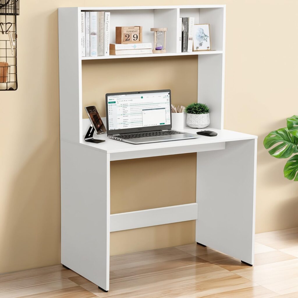 ABOUT SPACE Study Table with Hutch – Computer Table with Storage for PC, Laptop & Writing, Gaming, Drawing DIY Engineered Wood Office Desk for Home (White L 80 x B 45 x H 150 cm)