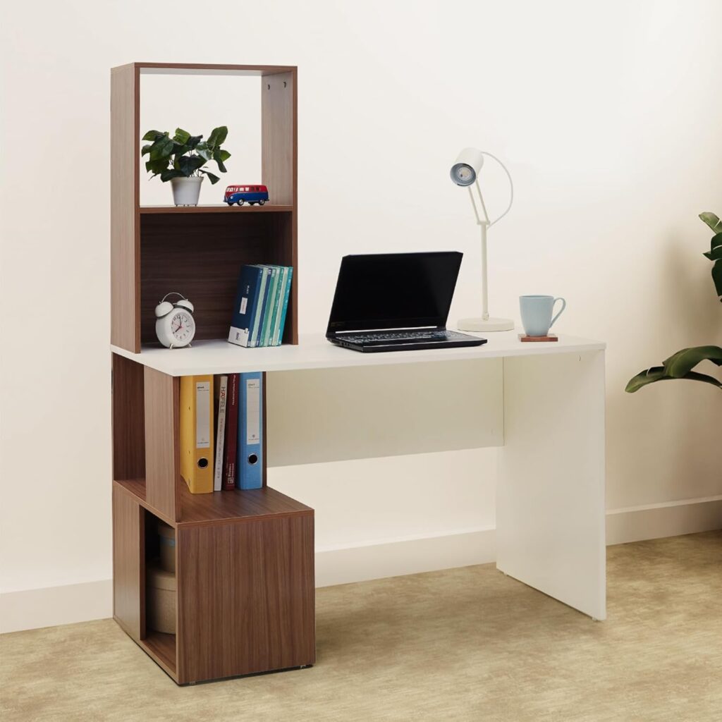 Green Soul Vermont Study Table with Book Shelf, Big Tabletop, is 3087 Engineered Wood, Bottom & Top Storage, Computer/Writing Desk for Home, Adults & Students, Walnut Brown & White, 3 Years Warranty
