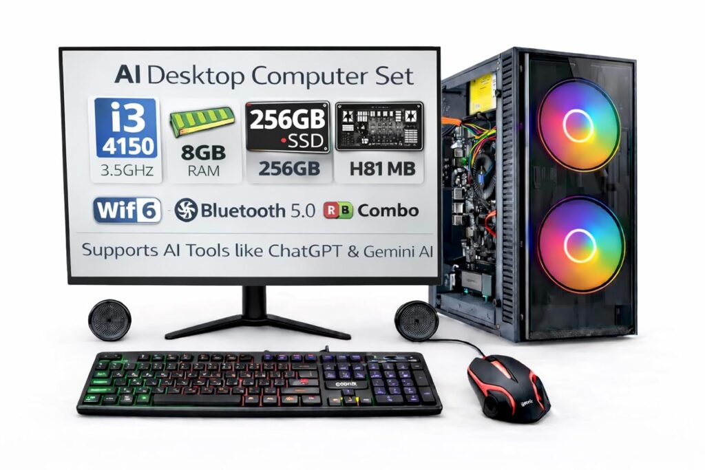 AI Ready Desktop Computer Set with 20 LED Monitor – Core i3-4130 3.4GHz, 8GB DDR3 RAM, 256 GB SSD, WiFi 6, Bluetooth 5.0, RGB Combo, Supports AI Tools Like ChatGPT & Gemini AI AI Ready Desktop Computer Set with 20 LED Monitor – Core i3-4130 3.4GHz, 8GB DDR3 RAM, 256 GB SSD, WiFi 6, Bluetooth 5.0, RGB Combo, Supports AI Tools Like ChatGPT & Gemini AI