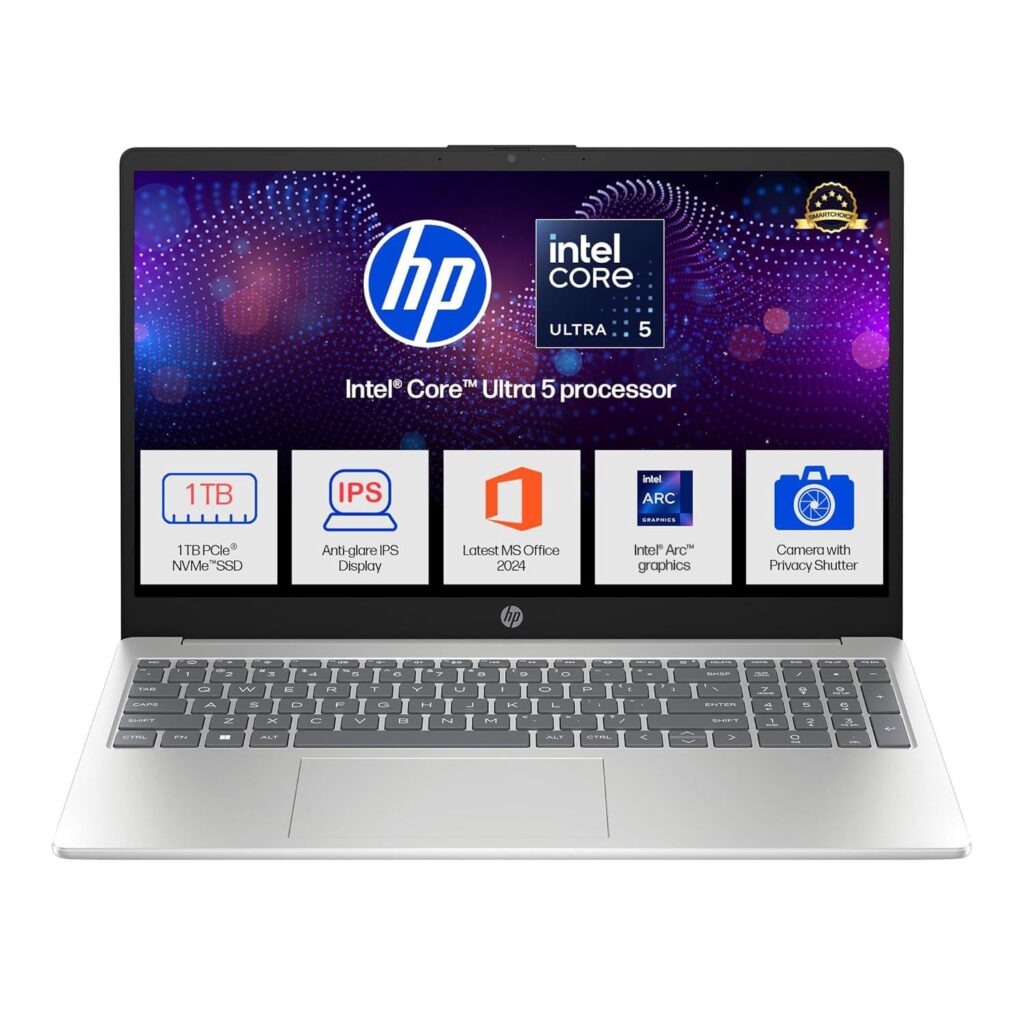HP 15, Intel Core Ultra 5 125H (16GB DDR5, 1TB SSD) FHD, IPS, 15.6/39.6cm, Win11, M365 Basic(1yr)*Office24, Silver, 1.65kg, fd1354TU, Intel Arc Graphics, FHD Camera w/Shutter, AI Powered Laptop