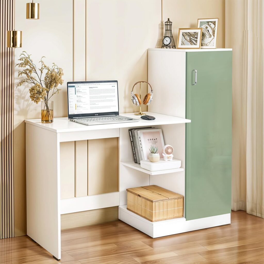 ABOUT SPACE Study Table with Cabinet – Computer Table with Bottom Storage Space DIY Engineered Wood Office Desk with Adjustable Shelves for PC Laptop Gaming (White, Green-L 125 x B 45 x H 121.5cm)