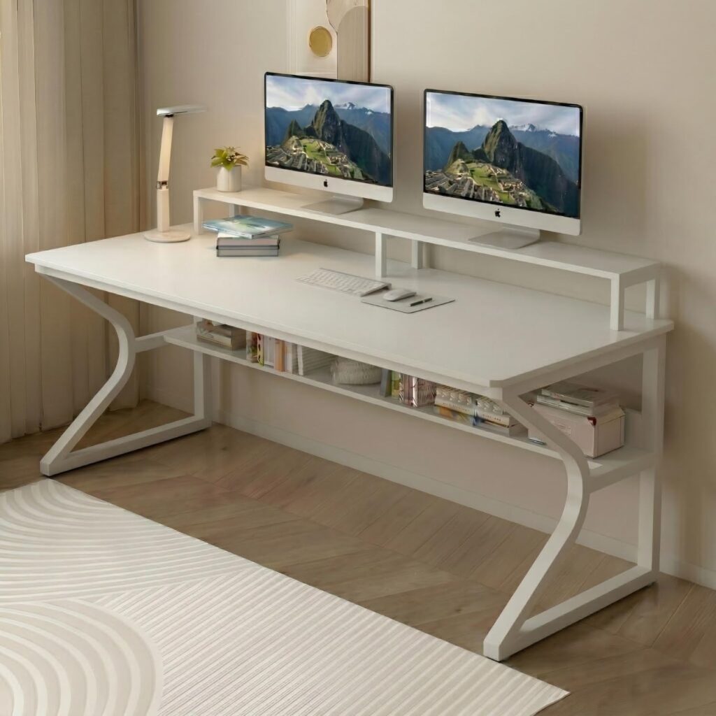 TEKAVO Qri Computer Table for Home Pc | Office Table for Home | Lower Shelf & Moniter Riser, Laptop Table, Worktable, Study Table, Workstation | White Wood, Metal, (150 Cm x 60 Cm) – DIY