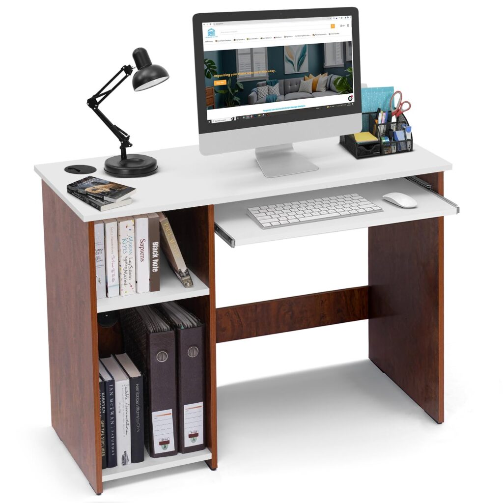 ABOUT SPACE Computer Table for Home – Study Table for Students, Adults Work Table for Home Office with Keyboard Tray, Adjustable Storage Space & Wire Holes (Oak Red & White – L 103 x B 43 x H 75 cm)