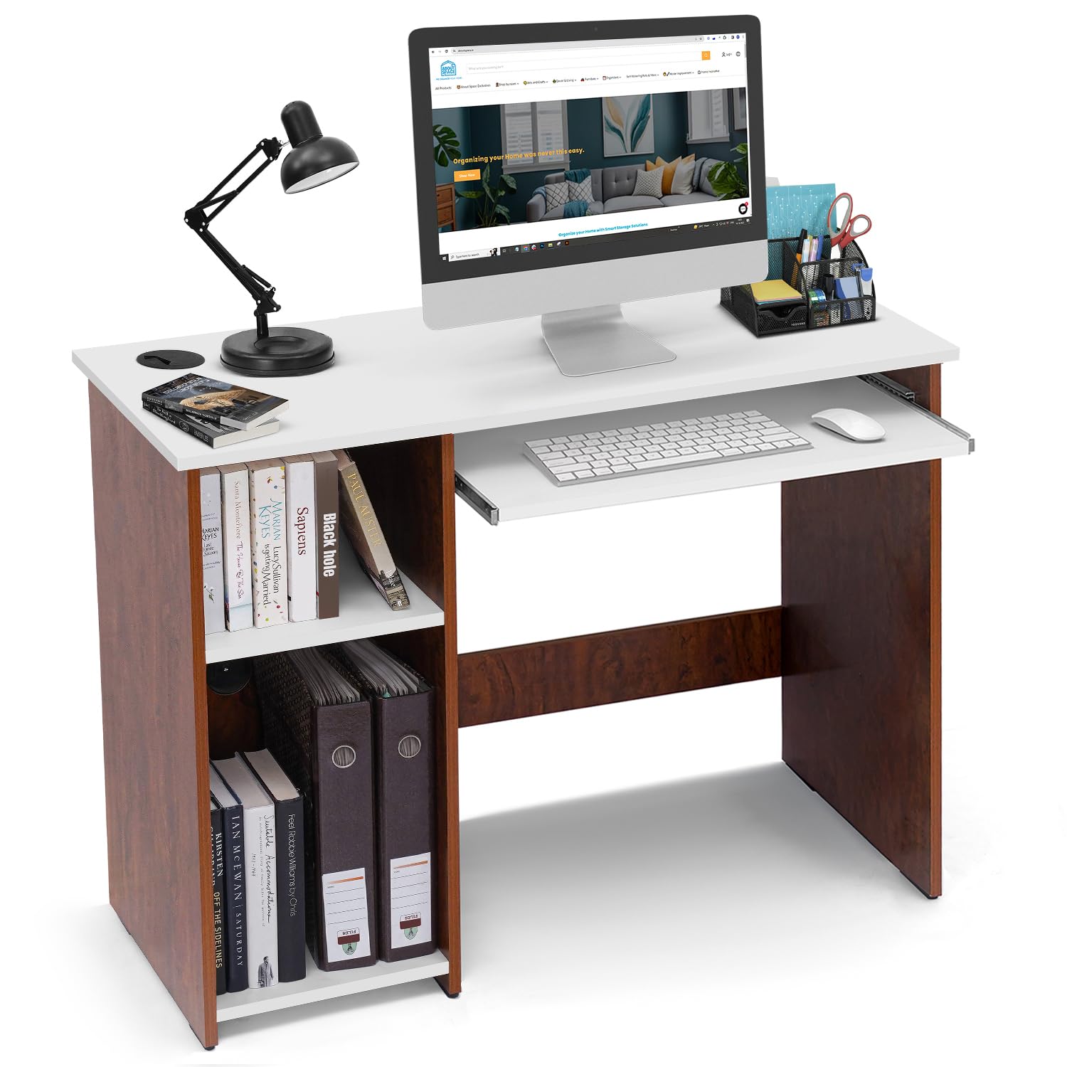 ABOUT SPACE Computer Table for Home – Study Table for Students, Adults Work Table for Home Office with Keyboard Tray, Adjustable Storage Space & Wire Holes (Oak Red & White – L 103 x B 43 x H 75 cm)