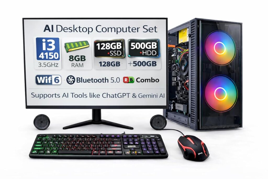 AI Ready Desktop Computer Set with 20 LED Monitor – Core i3-4130 3.4GHz, 8GB DDR3 RAM, 128 GB SSD,500 GB HDD WiFi 6, Bluetooth 5.0, RGB Combo, Supports AI Tools Like ChatGPT & Gemini AI