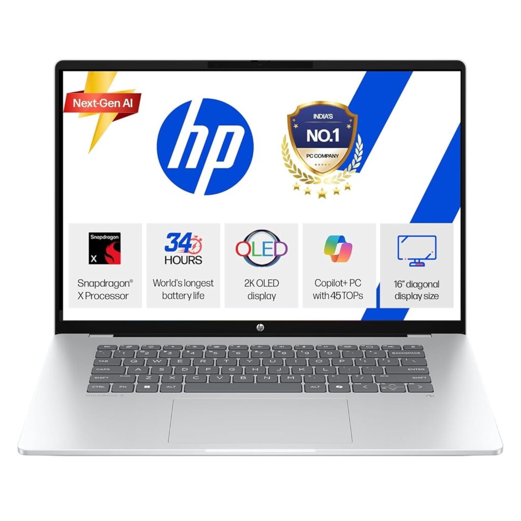 HP Omnibook 5 OLED (Previously Pavilion), Snapdragon X Processor (16GB LPDDR5x,1TB SSD) 2K OLED,16/40.6cm, Win11, M365*Office24, Glacier Silver, 1.59kg, fb0001QU, Backlit, Next-Gen AI Laptop