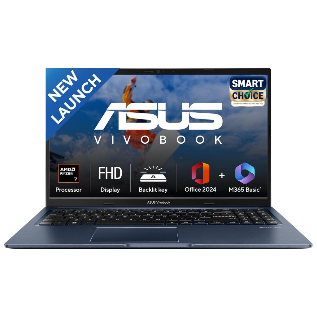 ASUS Vivobook 15, Smartchoice, AMD Ryzen 7 5825U, 16GB RAM, 512GB SSD, FHD 15.6, Windows 11, Office Home 2024, Quiet Blue, 1.7Kg, M1502YA-BQ703WS, AMD Radeon iGPU, M365 Basic (1Year)*, 42Whr Laptop