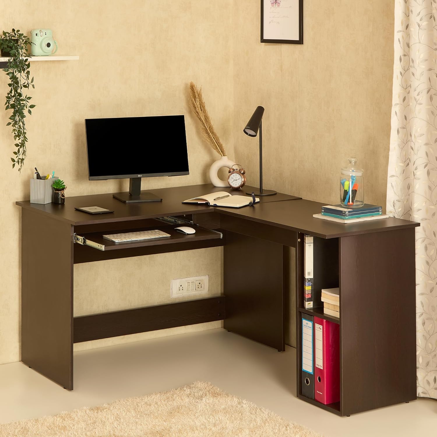 Green Soul Brixton L-Shape Computer Table for Home PC, Keyboard Tray, 2 Storage Shelves, IS-3087 Engineered Wood, Expansive Tabletop, Wenge, 3 Year Warranty Green Soul Brixton L-Shape Computer Table for Home PC, Keyboard Tray, 2 Storage Shelves, IS-3087 Engineered Wood, Expansive Tabletop, Wenge, 3 Year Warranty