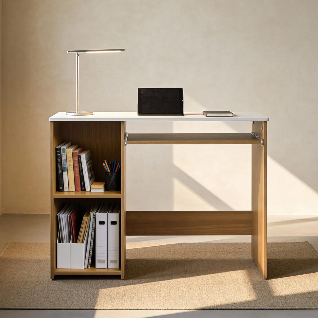 Green Soul Murray Computer Table for Home – Study Table for Students, Work Table for Adults & Professionals with Keyboard Tray, Storage Shelves | Wotak Oak & White | 3 Years Warranty