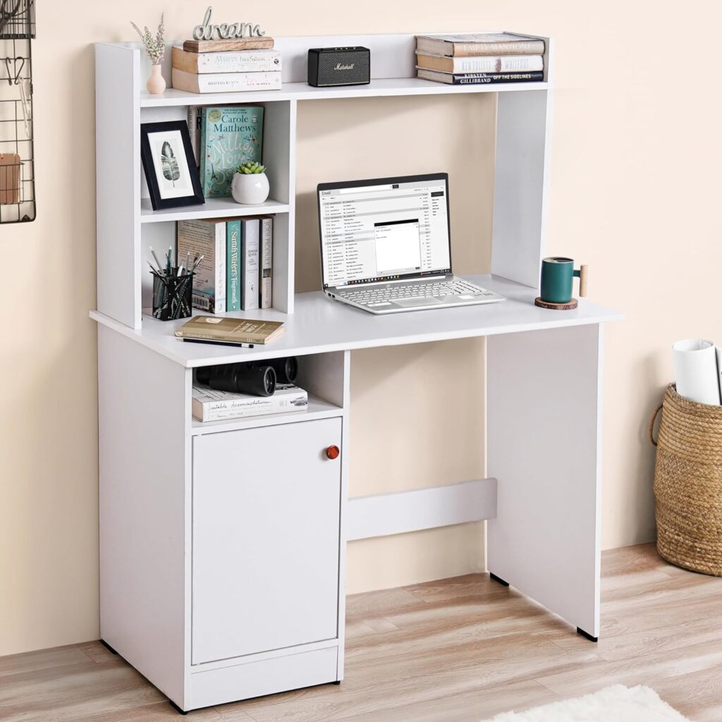 ABOUT SPACE Wooden Study Table with Hutch & Bottom Storage – Office Desk – Office Table for Laptop, PC-Engineering Wood Working, Drawing Computer table Table for Home (White – L 100 x B 50 x H 134 cm)