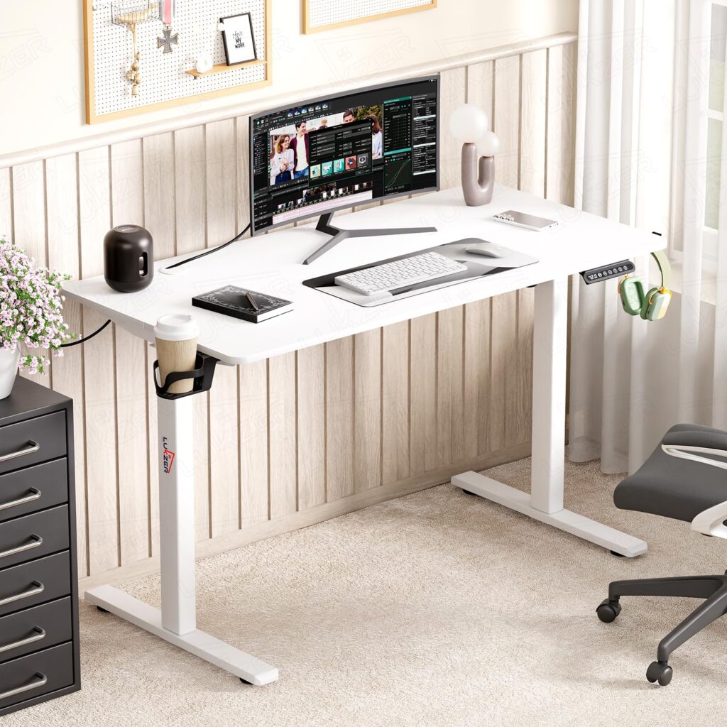 Lukzer Electric Automatic Height Adjustable Sit Stand Desk | White Frame White Top | Ergonomic Study Table with Digital Display & Memory Preset Option for Home & Office (EST-003/70 x 110 x 60cm)