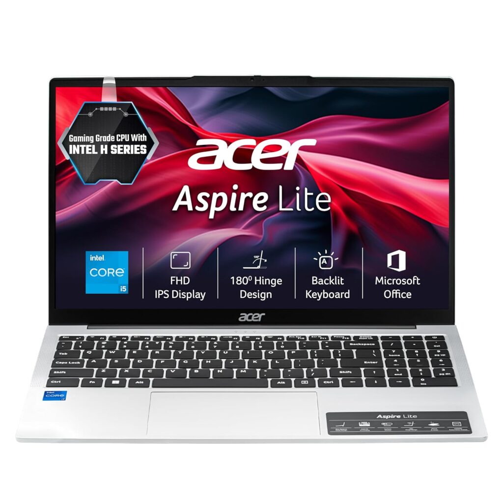 acer Aspire Lite 12th Gen Intel Core i5-12450H, Office 2024 + M365 Basic, 16GB RAM/512GB SSD, 39.62cm(15.6) FHD IPS Display Win11H, Pure Silver, 1.7KG,AL15-52H, Backlit KB, Thin & Light Laptop