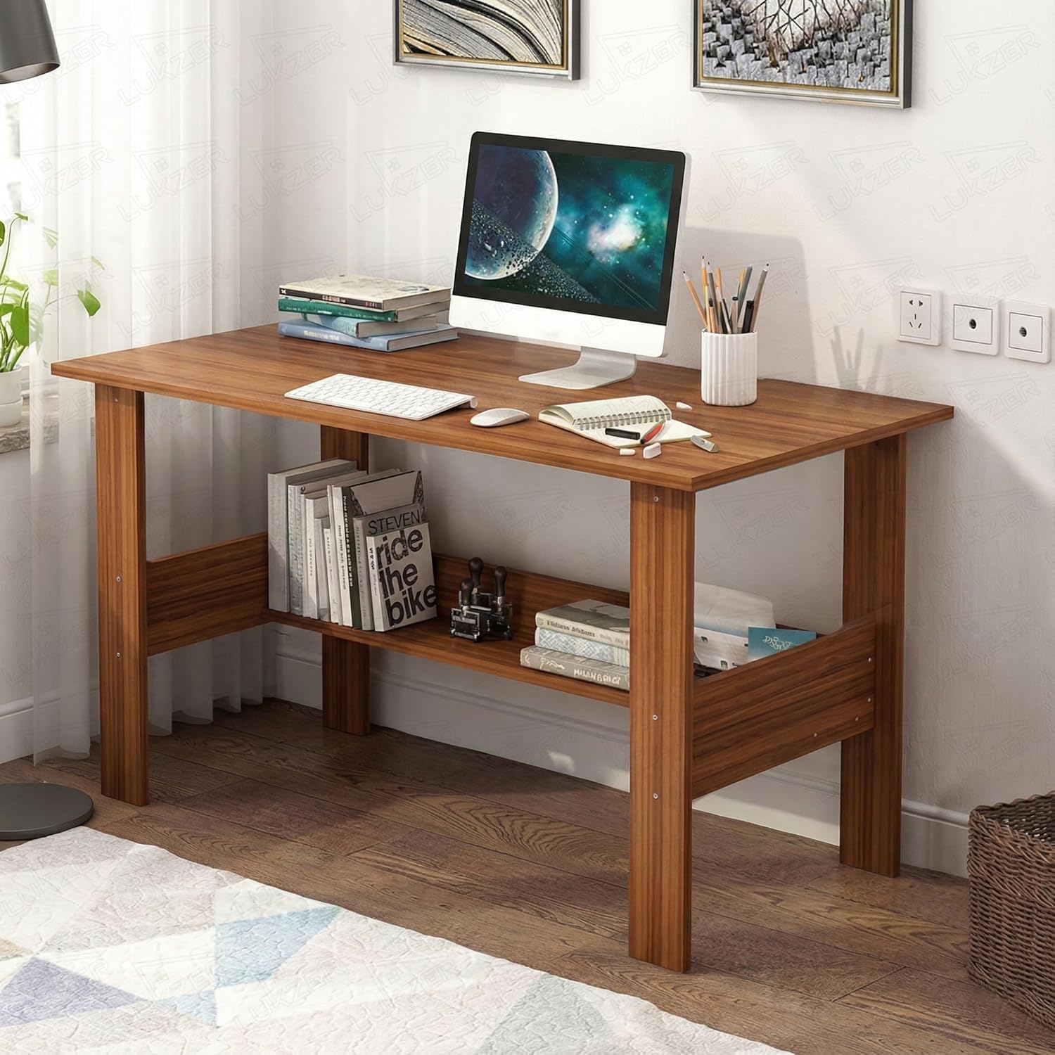 Lukzer Engineered Wood Computer Desk with One Tier Shelves | ST-004/Oak Brown | Laptop Study Table for Office Home Workstation Writing Modern Desk (90 x 50 x 75 cm) Lukzer Engineered Wood Computer Desk with One Tier Shelves | ST-004/Oak Brown | Laptop Study Table for Office Home Workstation Writing Modern Desk (90 x 50 x 75 cm)