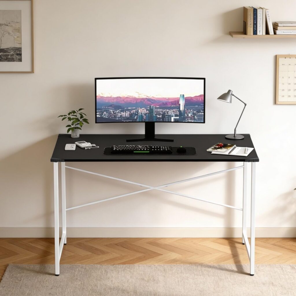 wow craft Study Table for Home | Computer Desk with White Metal Frame & Engineered Wood Top | Space Saving Office Desk for Work from Home | Black with White Legs | 91x60x77 cm (36x24x30 Inches) – DIY