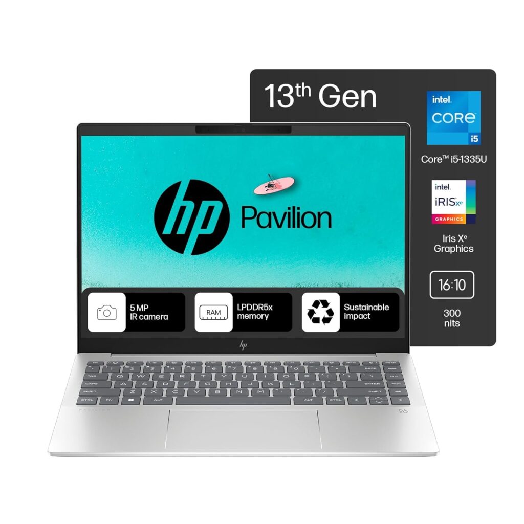 HP Pavilion Plus, Intel Core i5-1335U-13th Gen Laptop, (16GB LPDDR5x,512GB SSD),IPS, 300 nits, 14(35.6cm) 2K,Win 11, M365 Basic(1yr), Office Home 24, Silver,1.38kg, 5MP Camera w/Shutter, ew0107TU