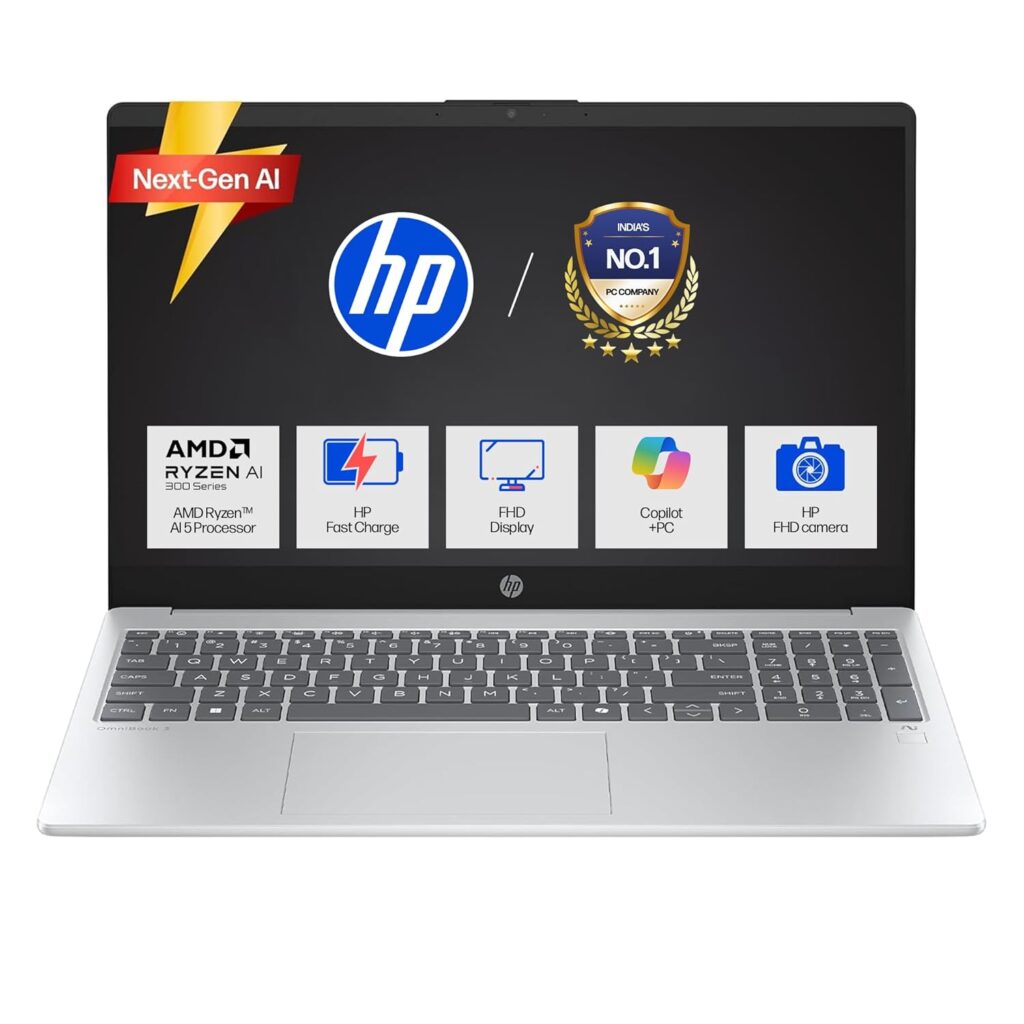 HP OmniBook 3 AMD Ryzen AI 5 340 Next Gen AI Laptop, (16GB DDR5, 512GB SSD), Anti-Glare,15.6/39.6cm FHD, Win11,Office24, Silver,1.7kg, FHD Camera w/Privacy Shutter, fn0007AU