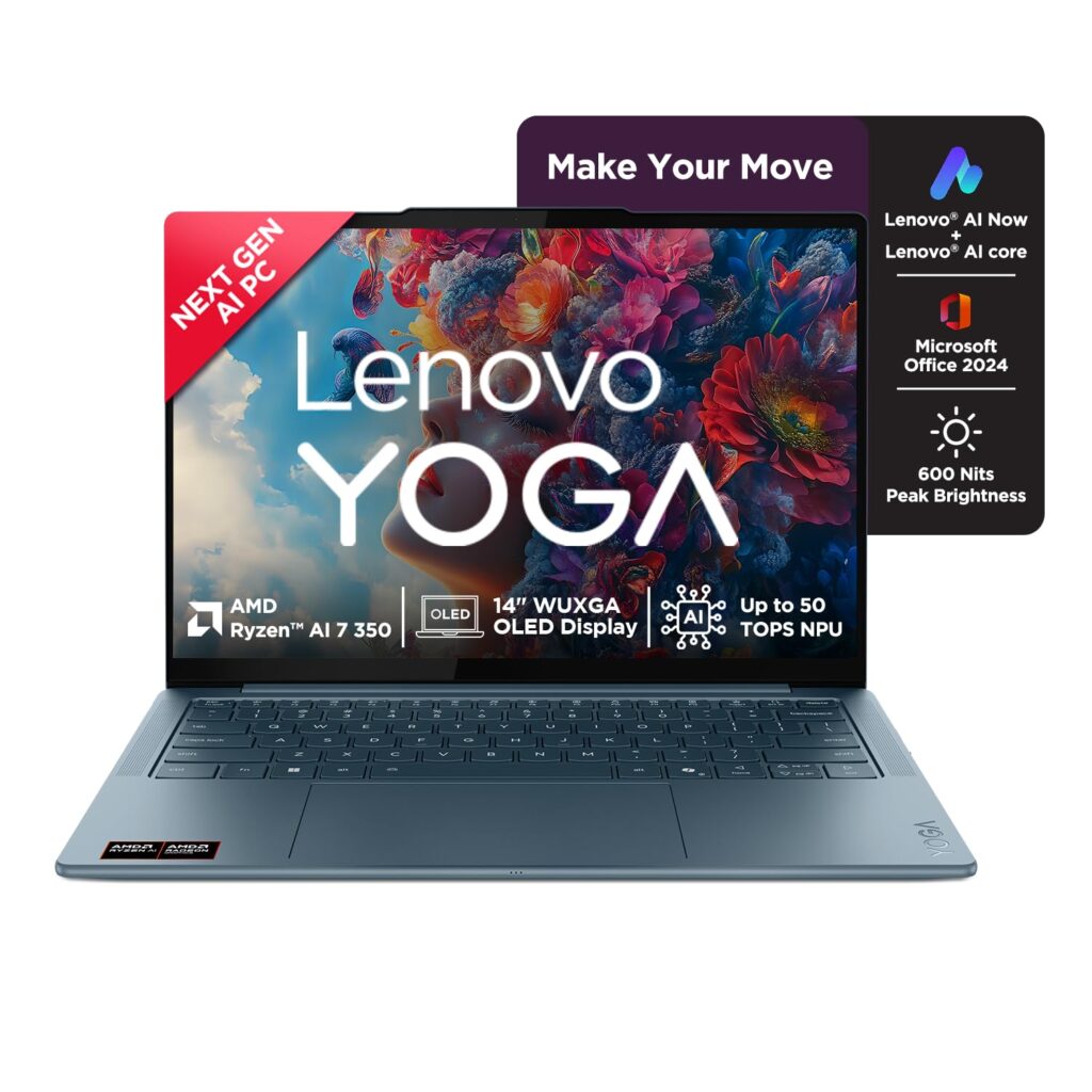 Lenovo Yoga Slim 7 AMD Ryzen AINow 7 350, 83JY005YIN AI Laptop, Copilot+ 32GB RAM/1TB SSD/14(35.5cm)WUXGA OLED/50 TOPS/Windows 11, Office Home 2024, Backlit Keyboard, 1Yr ADP Free, Teal, 1.19Kg Lenovo Yoga Slim 7 AMD Ryzen AINow 7 350, 83JY005YIN AI Laptop, Copilot+ 32GB RAM/1TB SSD/14(35.5cm)WUXGA OLED/50 TOPS/Windows 11, Office Home 2024, Backlit Keyboard, 1Yr ADP Free, Teal, 1.19Kg