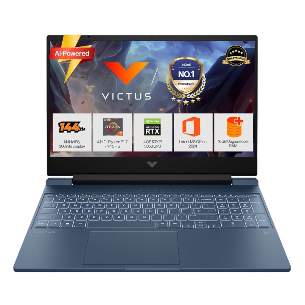 HP Smartchoice Victus, AMD Ryzen 7 7445HS, 6GB RTX 3050, 16GB DDR5(Upgradeable) 512GB SSD, FHD, 144Hz, 300 nits, 15.6/39.6cm, Win 11, M365* Office24, Blue, 2.29kg, fb3134AX/3120ax, Gaming Laptop