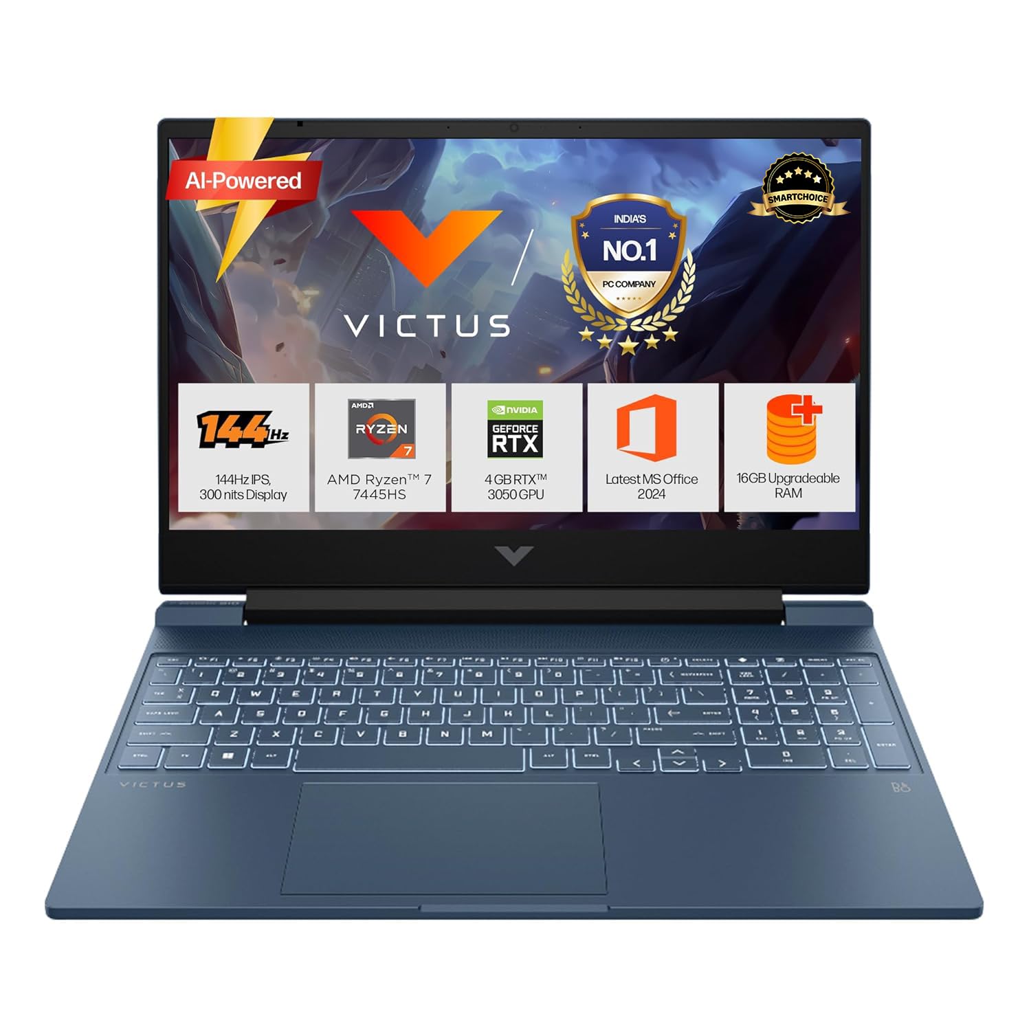 HP Smartchoice Victus, AMD Ryzen 7 7445HS, 6GB RTX 3050, 16GB DDR5(Upgradeable) 512GB SSD, FHD, 144Hz, 300 nits, 15.6/39.6cm, Win 11, M365* Office24, Blue, 2.29kg, fb3134AX/3120ax, Gaming Laptop