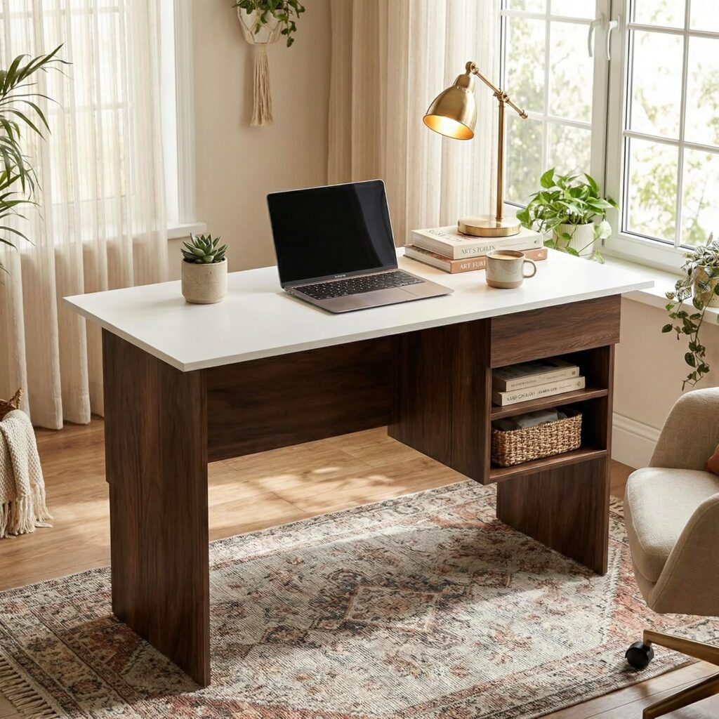 Aris Study Table with Drawer & Storage Shelves, Modern Dual-Tone Office Desk for Home & Students, 116x57x72cm (Brown Maple & White) Aris Study Table with Drawer & Storage Shelves, Modern Dual-Tone Office Desk for Home & Students, 116x57x72cm (Brown Maple & White)