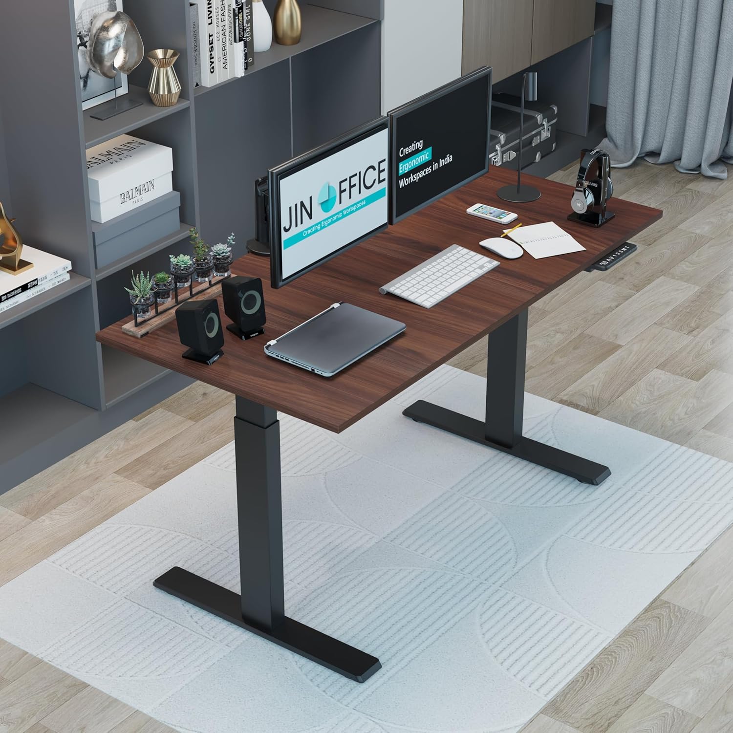 JIN OFFICE Titan Premium Dual Motor 3-Stage Electric Height Adjustable Desk| Sit Stand Table| Standing Desk Ergonomic with 125Kg Wt. Cap, 3 Year Warranty (Black Frame | Brown Top, 1500 x 750 mm) JIN OFFICE Titan Premium Dual Motor 3-Stage Electric Height Adjustable Desk| Sit Stand Table| Standing Desk Ergonomic with 125Kg Wt. Cap, 3 Year Warranty (Black Frame | Brown Top, 1500 x 750 mm)