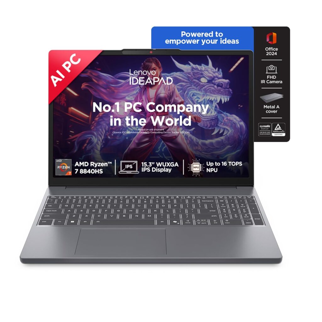Lenovo IdeaPad Slim 3, AMD Ryzen 7 8840HS, 24GB RAM, 1TB SSD, WUXGA IPS, AI PC, 15.3/38.8cm, Backlit Keyboard, Windows 11, Office Home 2024, Grey, 1.6Kg, 1Yr ADP Free, 83KA004TIN, AI Powered Laptop Lenovo IdeaPad Slim 3, AMD Ryzen 7 8840HS, 24GB RAM, 1TB SSD, WUXGA IPS, AI PC, 15.3/38.8cm, Backlit Keyboard, Windows 11, Office Home 2024, Grey, 1.6Kg, 1Yr ADP Free, 83KA004TIN, AI Powered Laptop